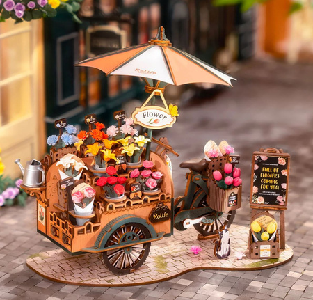 ROBOTIME Składany Drewniany Model Puzzle 3D Wózek Z Kwiatami