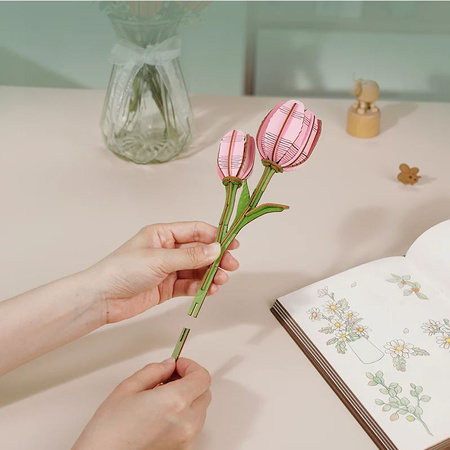 ROBOTIME Drewniane Puzzle Model 3D DIY - Różowy Tulip