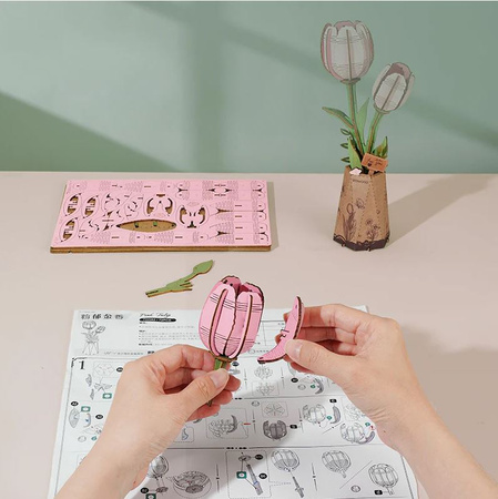 ROBOTIME Drewniane Puzzle Model 3D DIY - Różowy Tulip